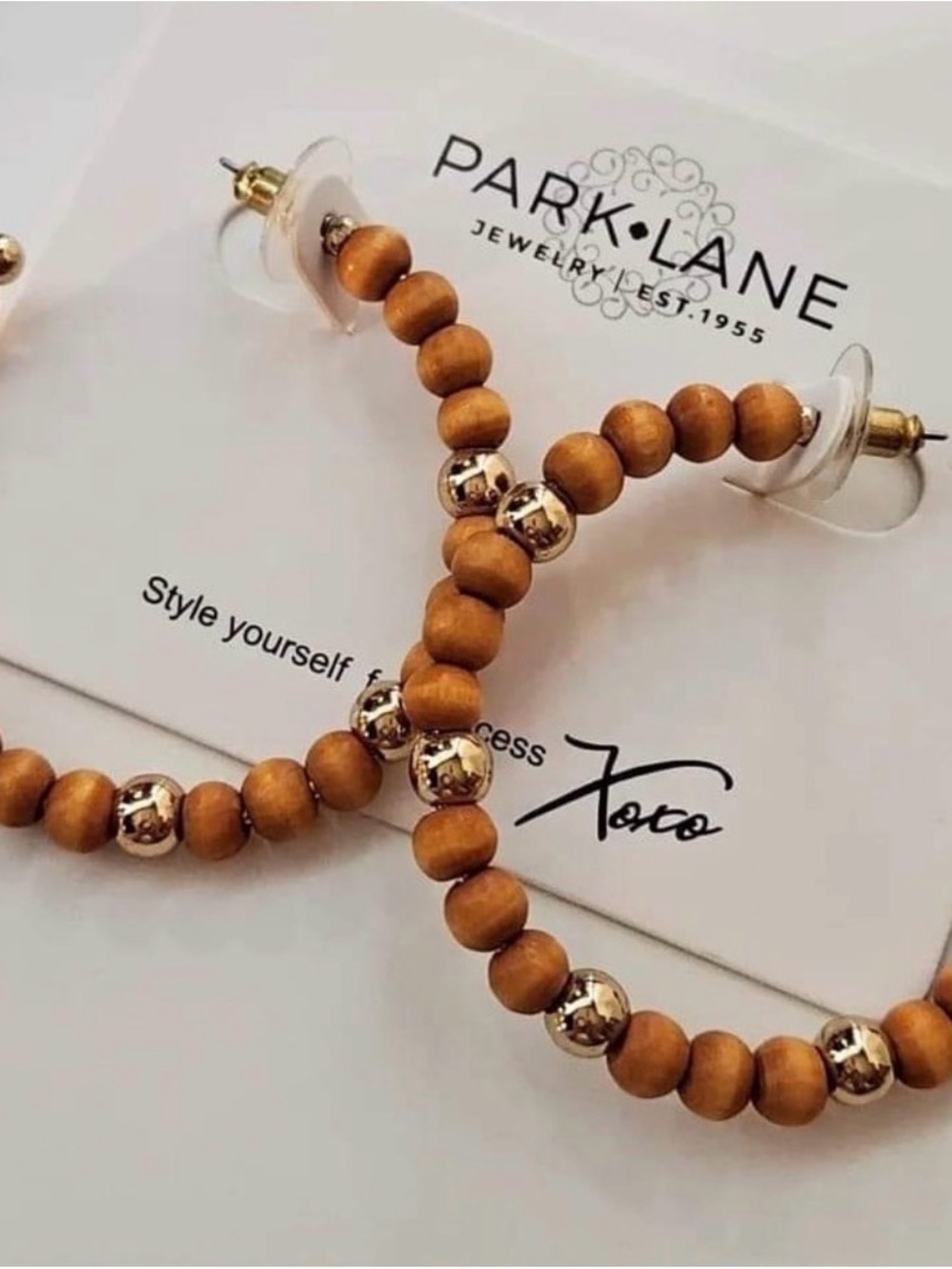 Park Lane Funky Fun Tan Wood Bead Hoop Earrings with Gold Accents